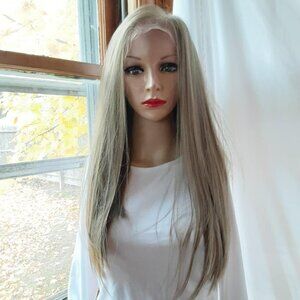 Wig Light ash Brown human hair blend straight free part pre plucked curly 20''
